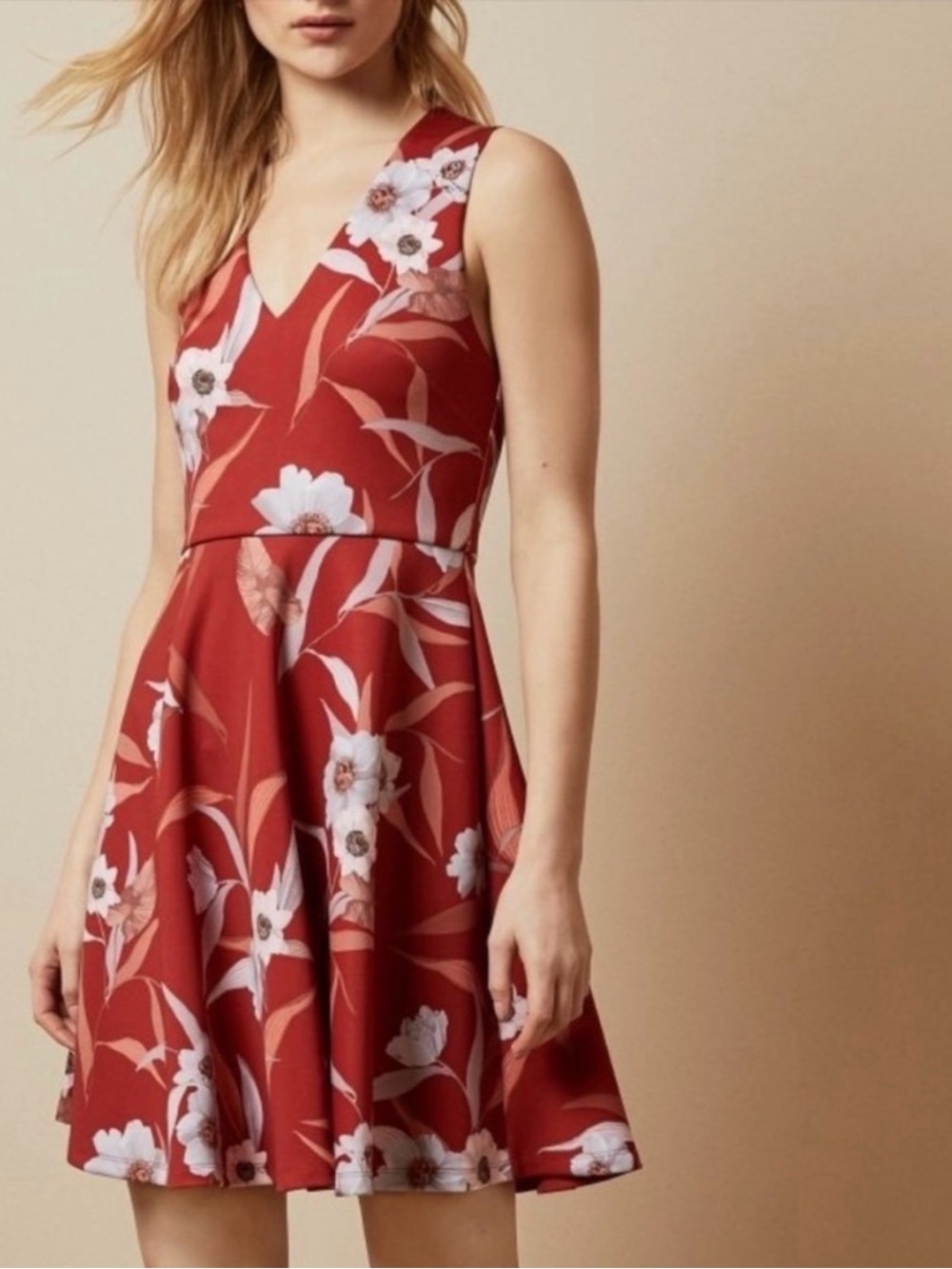 TED BAKER Enyaa Skater Dress Cabana Print Red Floral Size 4 US L